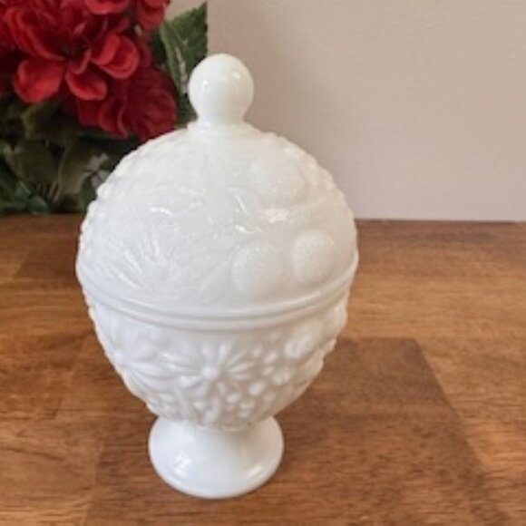 Avon Milk Glass Lidded Candy Dish Pedestal Jar Embossed Fruit Floral Vintage - Picture 2 of 7